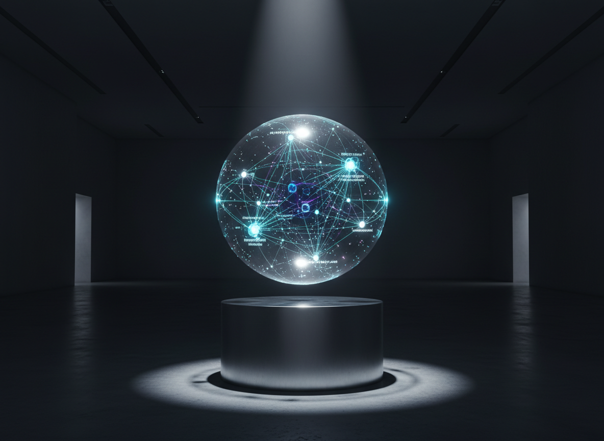 A conceptual, photorealistic representation of an agentic AI ecosystem as a glowing, semi-transparent sphere hovering above a brushed aluminum pedestal in a dark, gallery-like space. Inside the sphere, tiny luminous nodes and paths depict automated workflows connecting data sources, analytics engines, and deployment endpoints, rendered in vibrant cyan, indigo, and soft white. A single focused spotlight from above creates dramatic lighting, casting a crisp circular shadow and subtle reflections on the pedestal. Shot at eye level with centered composition and ample negative space, the image feels premium, contemplative, and highly professional, suitable as a hero visual for a site combining product, services, and AI upskilling in a modern, clean aesthetic.