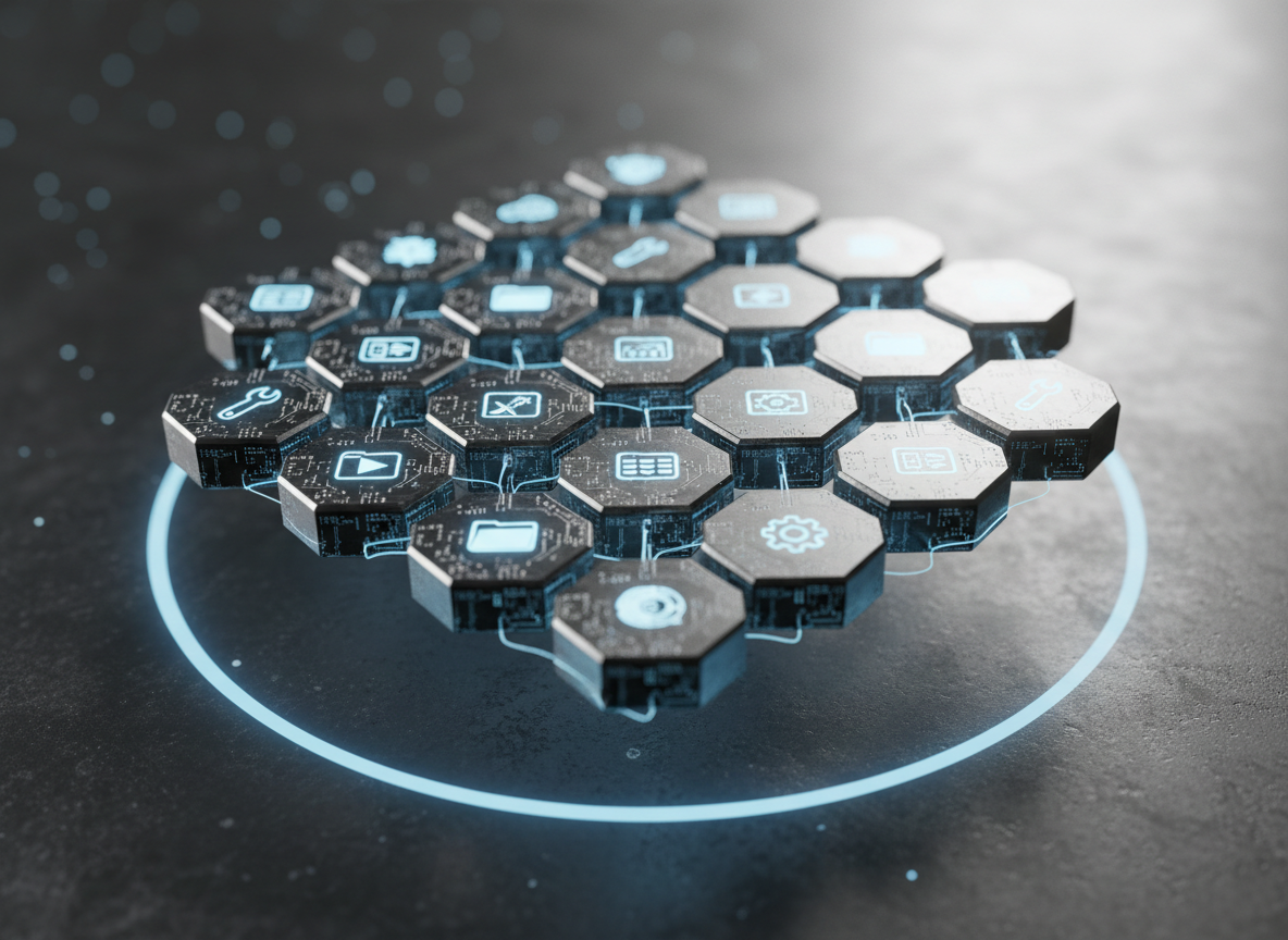 A highly detailed, photorealistic close-up of an AI decision engine represented as an intricate network of interlocking metallic hexagons, each etched with tiny circuit patterns and glowing icons symbolizing tasks, tools, and datasets. The structure appears suspended in midair above a dark, brushed metal surface, surrounded by a faint halo of soft blue light. Focused studio lighting from the top-right creates crisp highlights along the hexagonal edges and a gentle gradient of shadow beneath. With a shallow depth of field, the central cluster is razor sharp while outer nodes blur into a tasteful bokeh. The mood is precise, intelligent, and analytical, visually narrating how agentic AI autonomously orchestrates complex workflows.