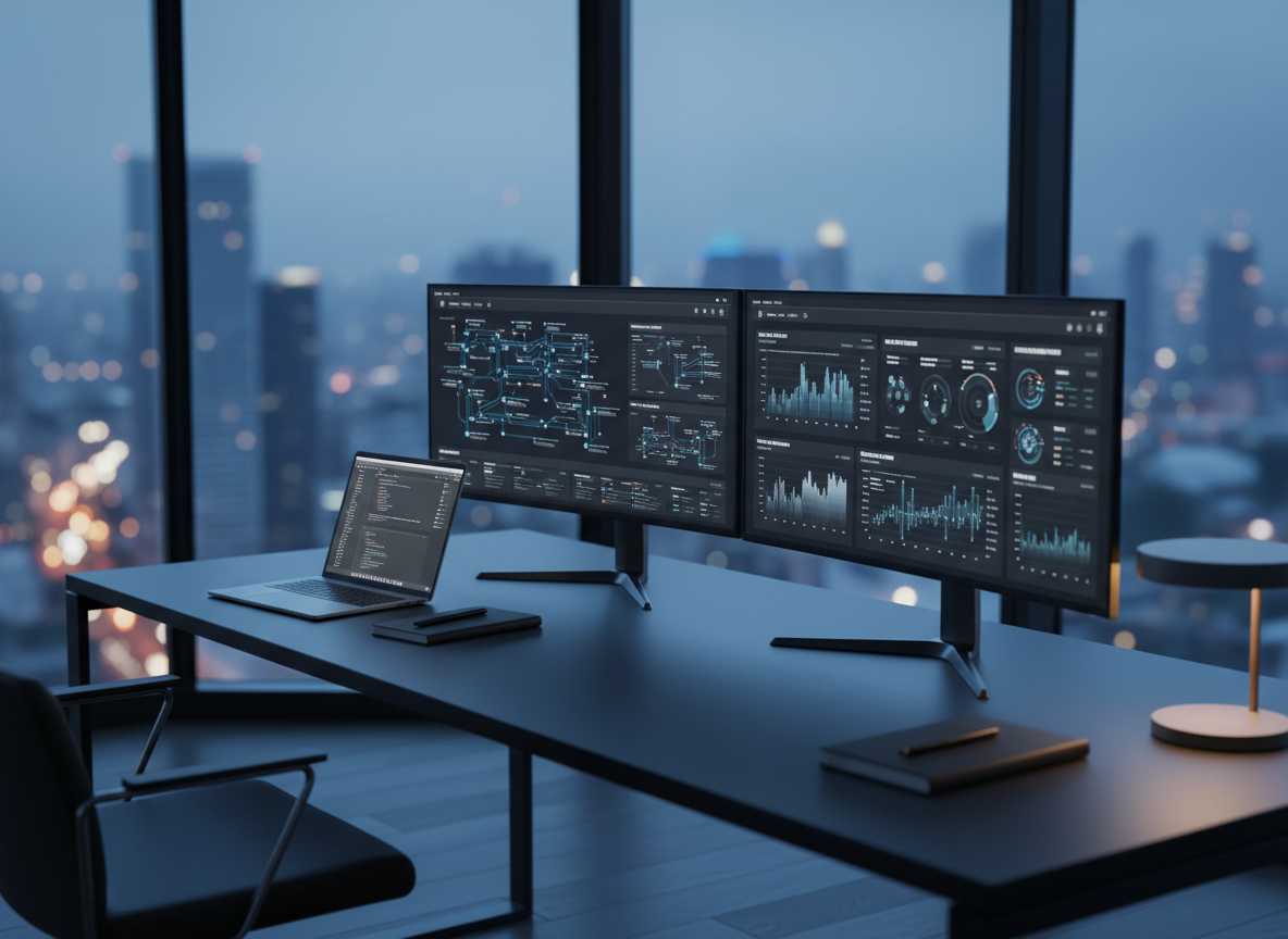 A panoramic, photorealistic workspace scene without people, featuring a long matte-black desk with dual ultra-wide monitors displaying dashboards of AI agents, data pipelines, and real-time analytics. A slim, silver laptop sits open beside a dark graphite notebook and a minimalist black pen. The backdrop is a floor-to-ceiling window overlooking a softly blurred modern cityscape at dusk, with cool blue ambient light filling the room and a subtle warm accent lamp casting a gentle glow on the desk surface. Captured from a slightly elevated side angle with moderate depth of field, the composition feels organized and sophisticated, communicating a high-performance environment for building and managing agentic AI and data analytics solutions.