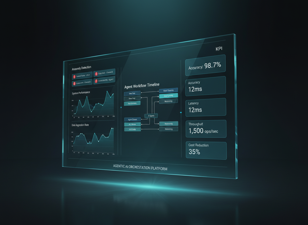 A detailed, photorealistic dashboard interface displayed on a frameless, floating glass screen in a dark, minimalist room. The dashboard shows a clean arrangement of time-series charts, anomaly detection flags, agent workflow timelines, and KPI cards in a refined teal, cobalt, and white color palette. Soft, indirect lighting from below and behind the screen creates a subtle halo effect, making the interface appear to hover. The camera is positioned at a slight angle from the side, emphasizing depth while keeping all visual elements sharp. The mood is analytical and focused, showcasing how agentic AI orchestrates complex data analytics tasks with clarity and control in a professional, enterprise-ready environment.